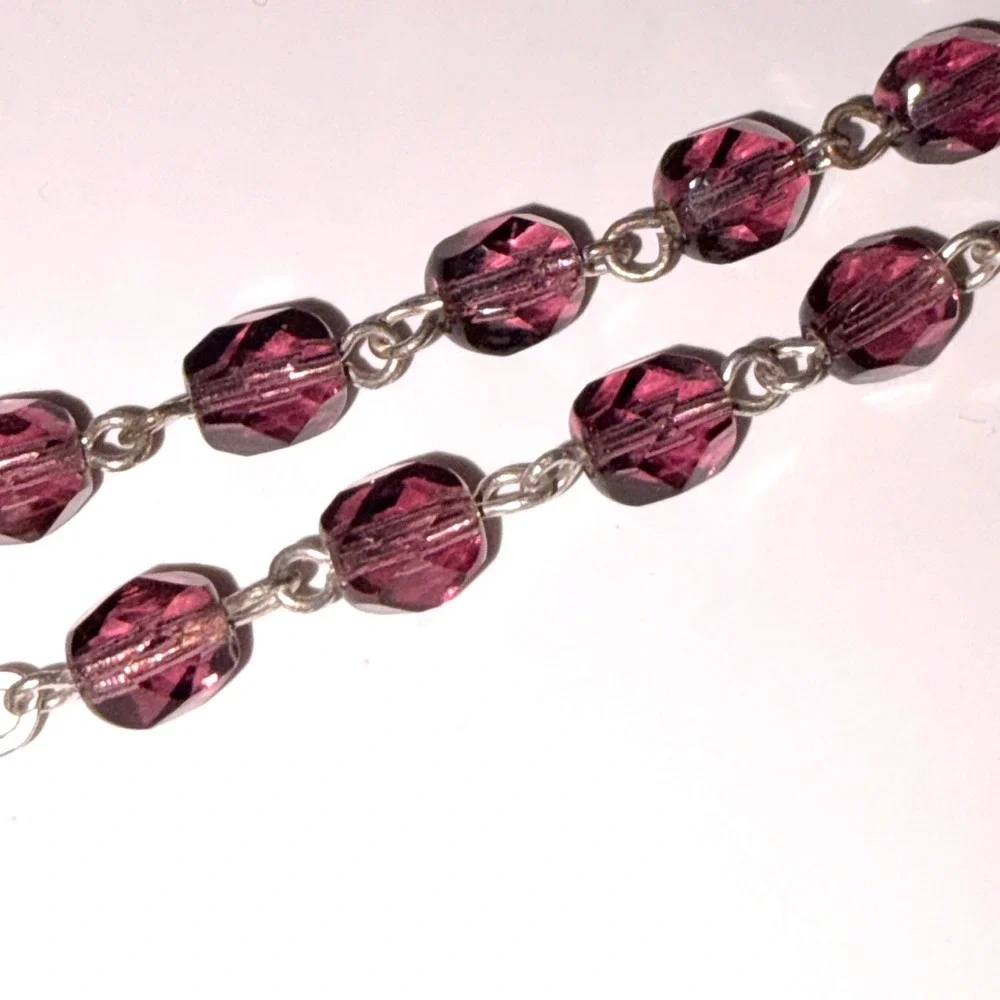 Purple Amethyst Faceted Glass Bead Rosary Silver Tone Crucifix Virgin Mary 18.5